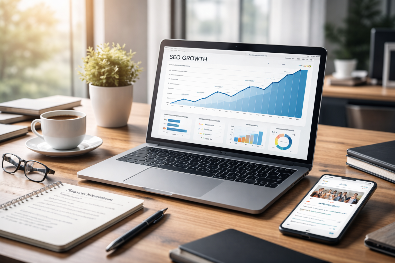 SEO analytics dashboard showing organic traffic growth for a photography website