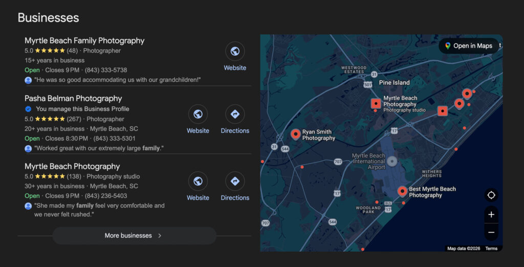 Google Business Profile for Pasha Belman Photography showing over 250 five-star reviews and top local search ranking in Myrtle Beach