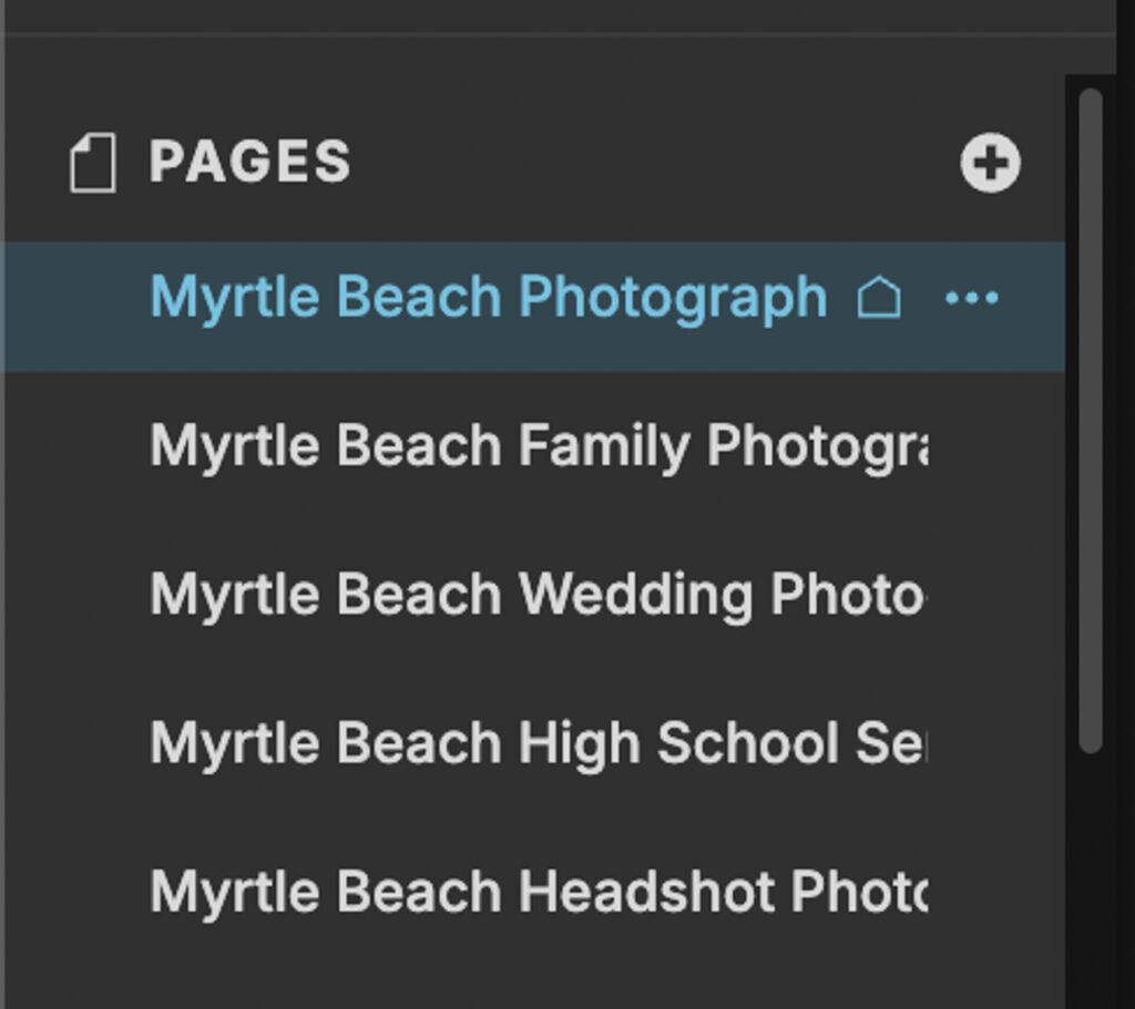 Showit page settings showing how the page name controls the URL slug for SEO