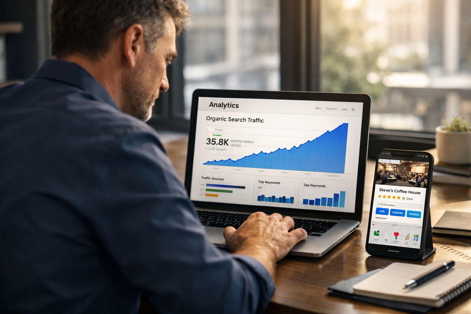 Photographer reviewing Google Business Profile and SEO traffic growth dashboard