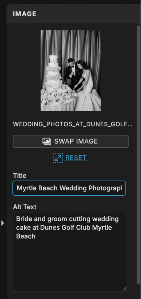 Showit image settings panel showing the Alt Text field where photographers add descriptive text for SEO