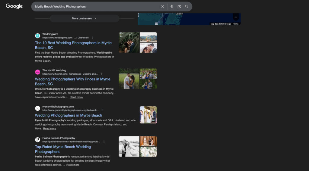 Pasha Belman Photography ranking on page one of Google organic results for Myrtle Beach photographer