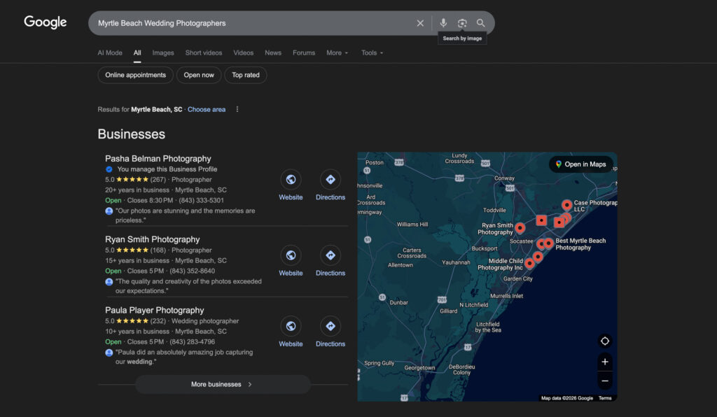 Pasha Belman Photography ranking in the Google Maps pack for Myrtle Beach wedding photographers