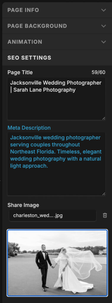 Showit SEO settings panel showing page title and meta description fields filled in for a Jacksonville wedding photographer