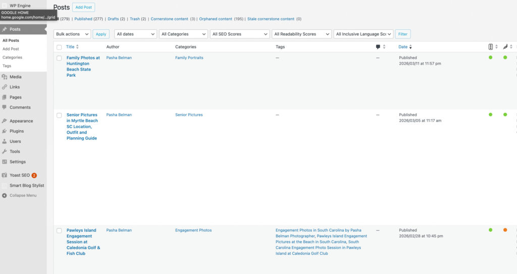 WordPress blog dashboard showing 279 published posts for Pasha Belman Photography on Showit