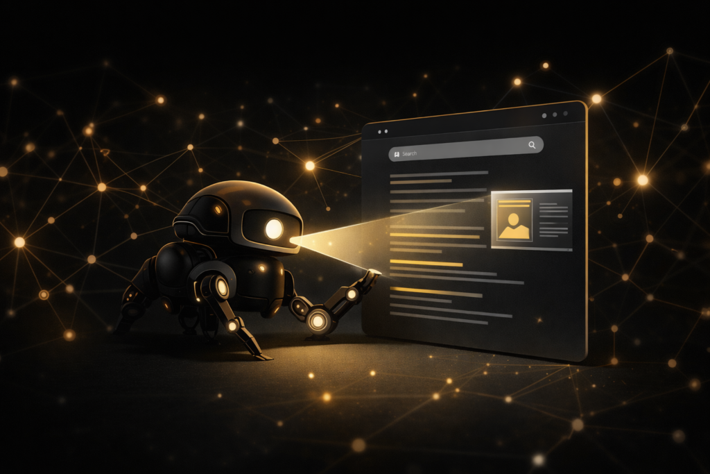 Google crawler robot scanning a website search results page