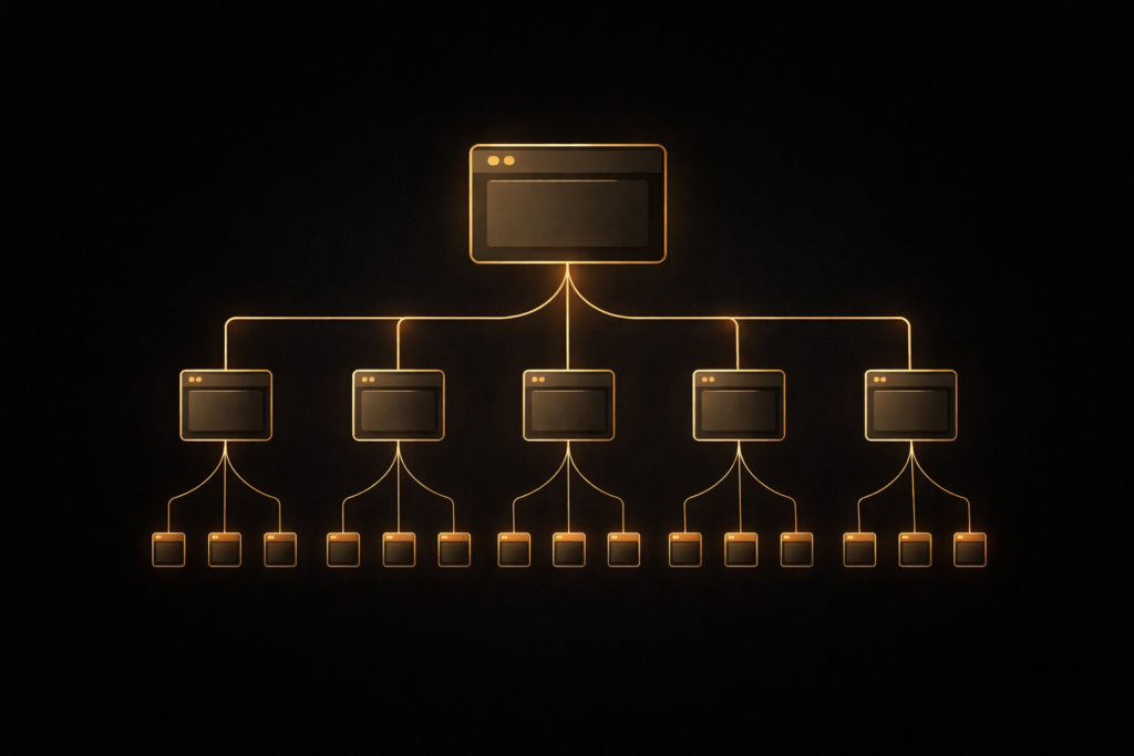 Website architecture hub and spoke diagram with gold glowing connections