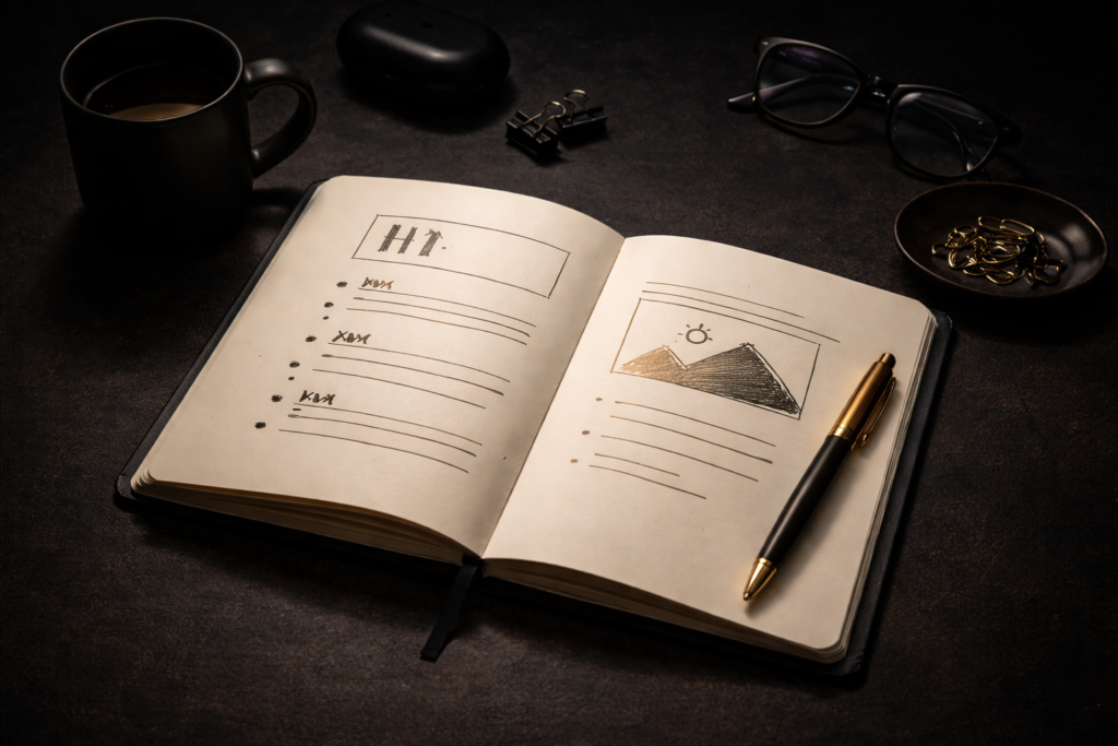 Open notebook with H1 heading sketch and image placeholder wireframe