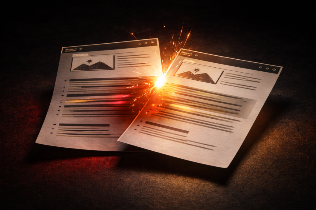 Two competing web pages colliding with sparks representing keyword cannibalization