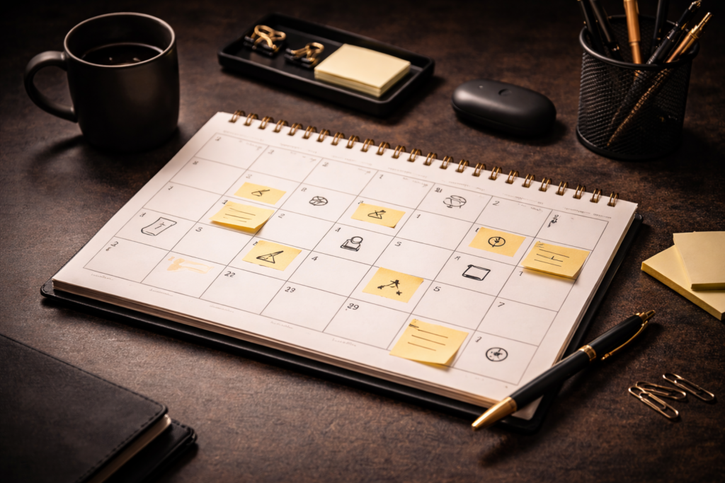 Content calendar with sticky notes and gold pen on dark desk