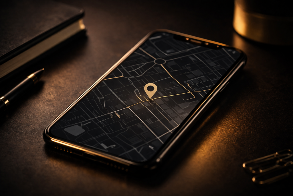 Smartphone with gold map pin on dark surface representing Google Business Profile
