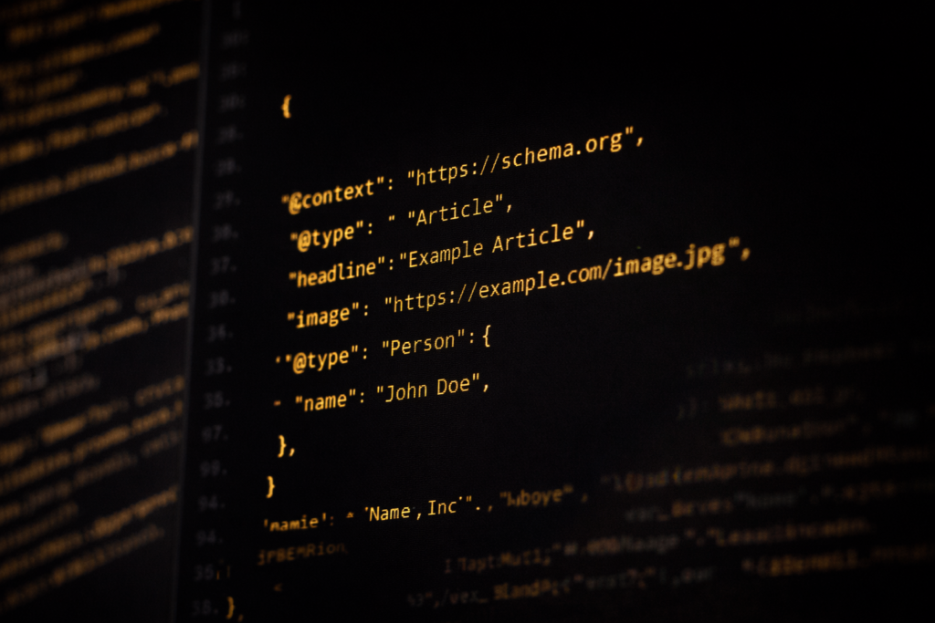 JSON-LD schema markup code with gold syntax highlighting on dark screen