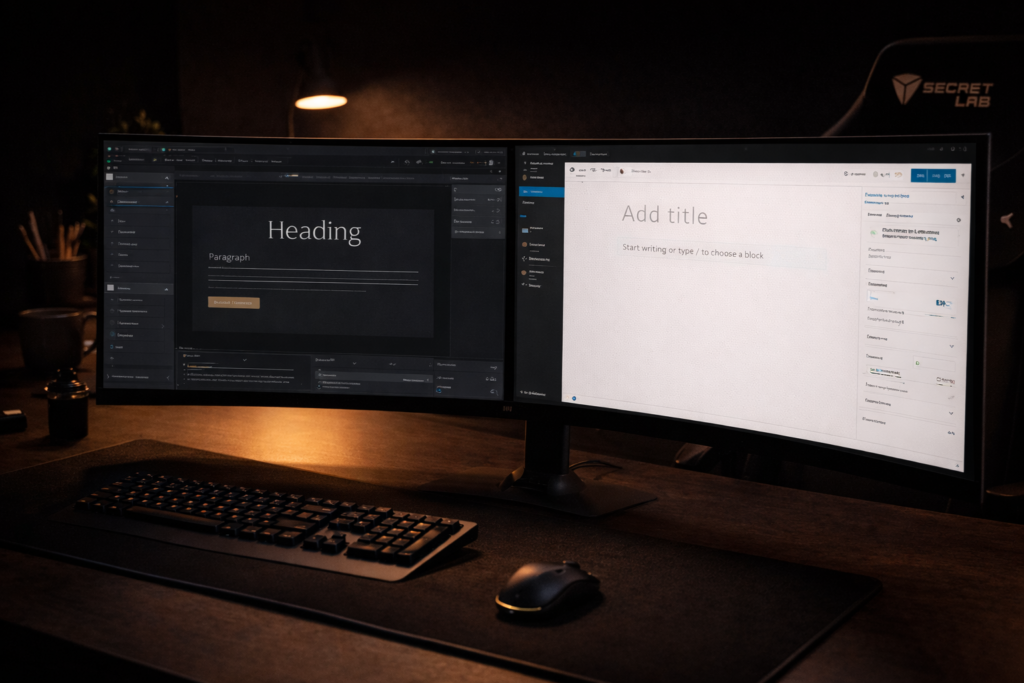 Dual monitors showing Showit and WordPress website builder interfaces
