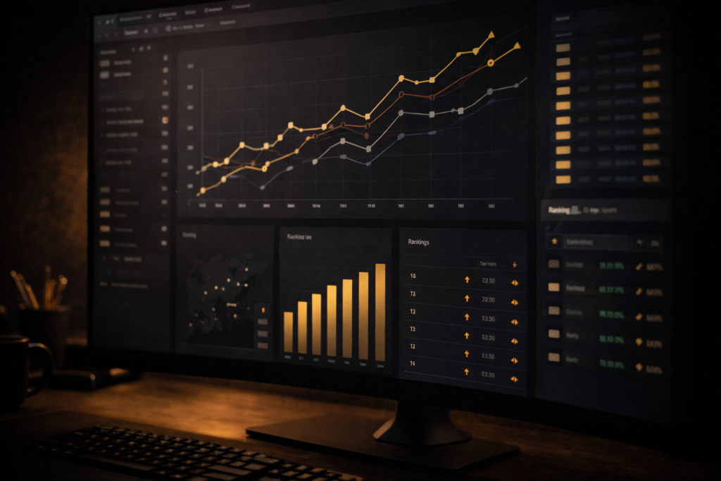 Dark analytics dashboard with gold ranking graphs trending upward