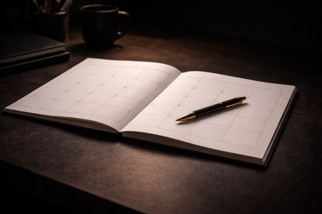 Open calendar planner with gold pen on dark desk representing 90 day action plan