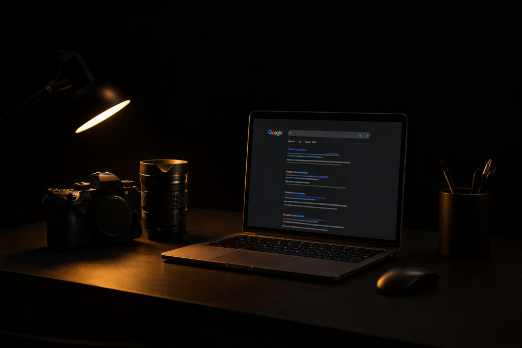 Photography desk with camera gear and Google search results on laptop screen