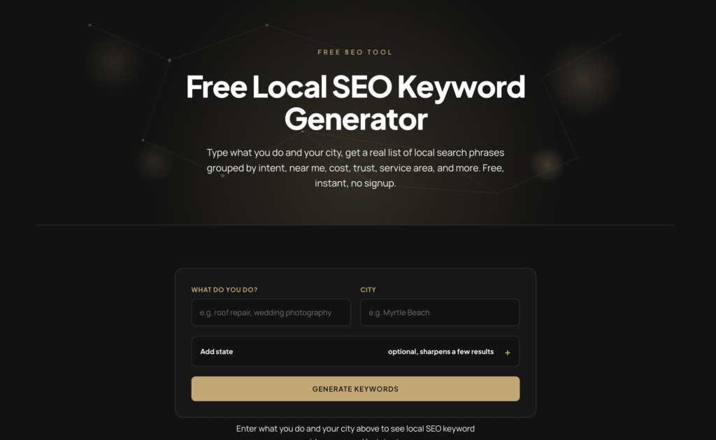 Belman & Co. Free Local SEO Keyword Generator with fields for service and city