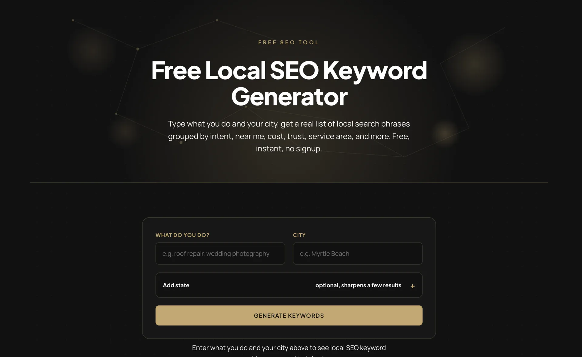 Belman & Co. Free Local SEO Keyword Generator with fields for service and city