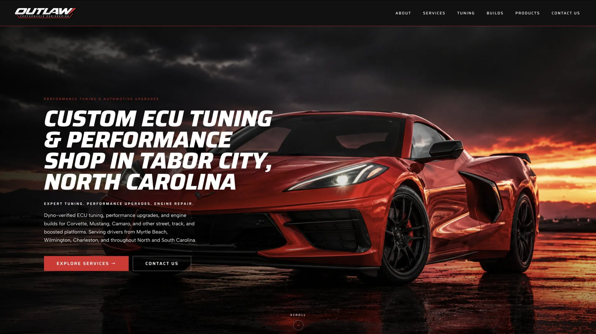 Outlaw Performance Engineering website for an ECU tuning and performance shop, designed and built by Belman & Co.